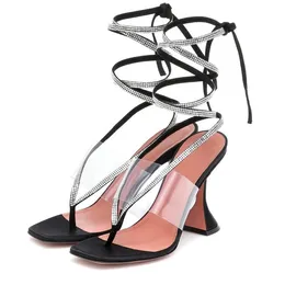 Genuine Women Ladies Leather Spool High Heels Sandals Pinch Toe Summer Cross tied Lace up Casual Transparent Weddin