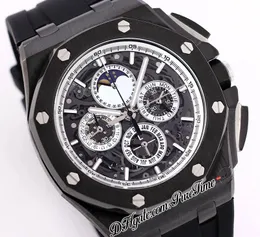 43mm 26582 Miyota Quartz Chronograph Mens Watch PVD Steel All Black Skeleton Dial White Inner Stick Markers Blue Rubber Strap Stopwatch Watches Puretime A06b2