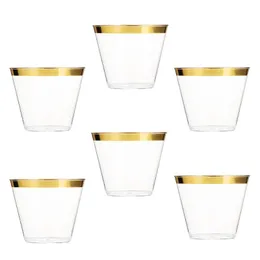Cups Saucers 6pcs 9oz Gold Rimmed Plastic Disposable Cocktail Glasses Tumblers For Wedding Födelsedagsfester Brudduschar