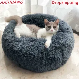 Juchuang Round Cat Beds House Soft Long Plush Pet Dog Bed för Dogs Basket Pet Products Kudde Katt Bed Mat Sova Sofa 210713