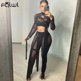 FQLWL Summer Bandage Mesh 2 Two Piece Sets Women Outfits Long Sleeve Crop Top See Through Pants Suits Casual Matching Sets 2021 Y0625