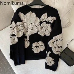 Nomikuma Kwiat Sweter Kobiety Pull Femme Contrast Color O Neck Z Długim Rękawem Casual Sweet Swetover Bights Ladies Ropa Mujer 3d376 210514