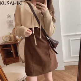 Kobiety Wiosna 2 Szkodnik Zestawy Sznurek Krótki Sweter Sweter Sweter + Baisc Sukienka Koreańskie Outfits Przyczynowe 6E649 210603