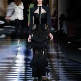 Doskonała jakość Paryż Designer Designer Runway Sukienka Damska Zamszowa Luksusowa Praca Ręczna Frezowanie Tassel Długie 210521