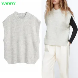 VUWWYV Grau Übergroße Gestrickte Frauen Pullover Weste Herbst Kurze Rippen Weibliche Ärmellose Weste Abgeschnitten Pullover 210430