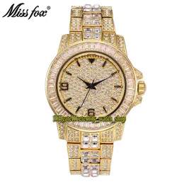 MISSFOX eternity v291 1 Hip hop Fashion Mens Watches CZ Diamond inlay Dial Quartz Movement Men Watch Iced Out Big Diamonds Bezel Alloy Case Gold Bracelet