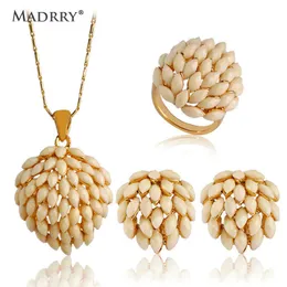 Madrry New Arrival Dubai Flower Jewelry Sets Pendant Necklace&Earrings&Rings For Women Gold color Wedding Dress Sweater Joyas H1022