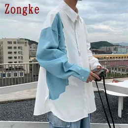 Zongke عارضة قمصان للرجال ملابس الأزياء الشارع الشهير طويل الأكمام المرقعة بيضاء M-3XL 210721