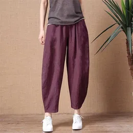 SHIMAI damskie bawełniane spodnie lniane elastyczne talii vintage spodnie damy luźne dorywczo s-2xl retro literacki 211124