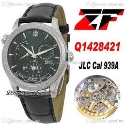 ZF Master Geographic Real Power Reserve Jlc A939 Automatiska Mens Watch Q1428421 GMT Steel Case Black Dial Leather Strap Super Edition Klockor Puretime C3