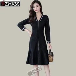 Szmxss koreanska versionen hösten kvinnokläder v-hals pläterad smal tryckt penna klänning långärmad mini klänningar 210630