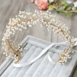 Jonnafe Handmade Pearl Bridal Headband Włosy winorośli Złoty Ślub Tiara Akcesoria Do Włosów Kryształ Kobiety Biżuteria Opaski X0625