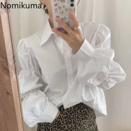 Nomikuma نفخة كم قمصان المرأة واحدة برستد بلون عارضة بلوزة الإناث رفض طوق الكورية نمط blusas موهير 210514