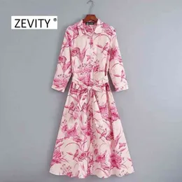 Zevity New Womenビンテージ鳥フラワープリントシャツドレスオフィスレディ3四半期スリーブ弓サッシvestidosシックドレスDS4152 210325