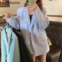 Nomikuma 캐주얼 블레이저 여성 노트 칼라 긴 소매 자켓 싱글 브레스트 루스 탑스 유니 컬러 한국어 스타일 슈트 ropa mujer 210514