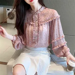 한국 패션 봄 여성 랜턴 슬리브 쉬폰 셔츠 달콤한 귀여운 러프 인쇄 블라우스 탑스 플러스 사이즈 여성 핑크 셔츠 D312 210512