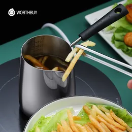 WORTHBUY Mini Frying Pot With Scale 18/8 Stainless Steel Frying Pan For Kids French Fries Chicken Cooking Pan Kitchen Cookware 210319