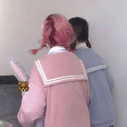 Qweek Kawaii Zip Up Hoodie Sailor Collar Sweatshirt Japan Stil Långärmad Söt Toppar För Tonåringar JK Pink Navy Soft Girl Kpop 211108