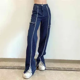 Paski Ripped Blue Y2K Split Dżinsy Dla Dziewczyn Kobiet Damskie Damskie Dżdżyste Dżinsowe Spodnie Wysokiej Talii Spodnie Streetwear 210510