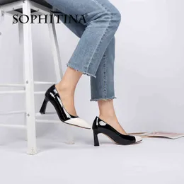 SOPHITINA Basic Genuine Leather Thin Office Lady Pumps Shoes Women Heels Comfortable Pointed Toe Splicing Dressing Pumps PK49 210513