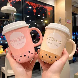 Mugs Kawaii Bubble Tea Ceramic 350ml Cute Boba Coffee Cup With Lid Glass Straw Creative Home Juice Milk Water Girl Gift