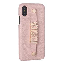 Holdingband Anpassning Anpassad metallnamn Läder Mobiltelefonväska för iPhone 12 11 Pro XS Max XR 7 7Plus 8 8Plus x