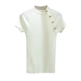 Shintimes Cienkie dzianiny Biały T Shirt Button Z Krótkim Rękawem Tshirt Kobiety 2021 Lato Solid Casual T-Shirt Kobiet Koszulka Femme Y0629