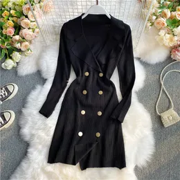 Autumn New Design Kvinnor Turn Down Long Sleeve Slim midja dubbelbröst stickad tröja Casual Dress