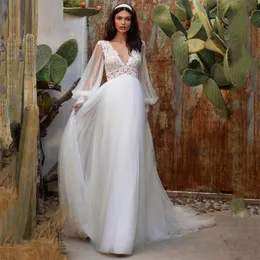 New Style Backless Deep V-Neck Tulle Boho Chic Bröllopsklänning Sexig Lace Long Lantern Sleeves Beach Bride Grows