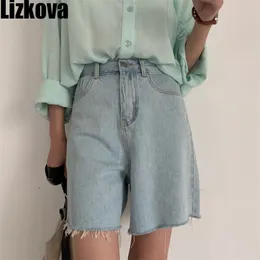 Lizkova الكورية عالية الخصر الساق واسعة الدينيم السراويل النساء الصيف الأزرق الفيناتج جينز feminino شرابة pantalones كورتس 210719