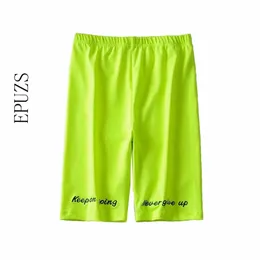 Neon green biker shorts women sexy elastic high waist letter embroidery cotton summer short femme steetwear 210521