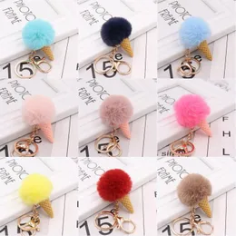 Snygg Ice Cream Cone Fluffy Keychain För Kvinnor Konstgjord Faux Kanin Fur Pompoms Keyring Handväska Puff Ball Keyfob Smycken
