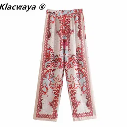 Klacwaya Mulher 2021 Vintage Totem Floral Cópia Elástica Cintura Casual Lega Pants Retro Feminino Bolso De Bolso Verão Calças Longas Q0801