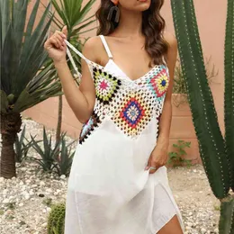 Crochet Beach Cover-ups Summer Tunic Cover Up Long Knitted Beachwear Swimsuit Ups for Women Vestido Playa Mujer White Dress 210629