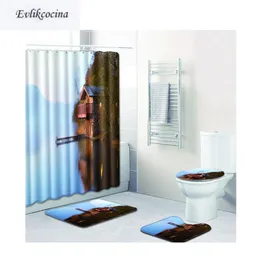 Badematten 4 Stück Kabine neben dem Fluss Casa De Banho Banyo Badezimmerteppich Toilettenset Tapis Salle Bain Alfombra Bano