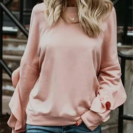 Solid Ruffle Patchwork Sweatshirt Kvinnor O-Neck Loos Långärmad Drop-Shoulder Casual Sweatshirts Woman Sweet Pullover Lady 210518