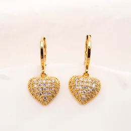 Elegant Heart Dangle 18 KT THAI BAHT Fine Solid Gold Diamond Drop Earring Chandelier Korean Style Full Earrings Women Luxurious Jewelry