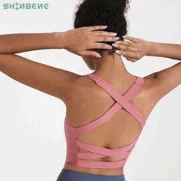 Shinbene Cruz Anti-Suor Treinamento Atlético Yoga Esporte Bras Crop Top Mulheres Buttery-Soft Push Up Acolchoado Ginásio Fitness Workout Bras 211217