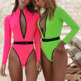 Sexy Zipper Sportowy Swimsuit Długi Rękaw Neon Stroje Kąpielowe Kobiety Body Body High Cut Surf Suits Rash Guard Garnitur Kąpielowy 210520