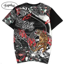 Estilo Chinês Indústria Pesada Embroidery Tiger Dragon Imprimir Redondo Pescoço T-shirt de Algodão Grande Tamanho Juvenil T-shirt de manga curta dos homens 210324