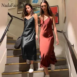 Nadafair Summer Sleeveles Elegant Satin Dress Spaghetti Strap V Neck Midi Sexy Women's Dress Outfits Soft Chic Party Silk Dress X0521