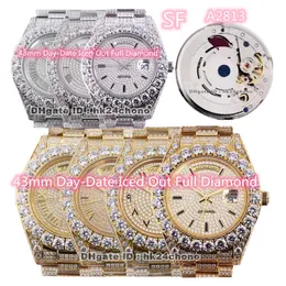 7 estilos Relógios de luxo 43mm Data-data gelada para fora diamantes completos A2813 relógio automático dos homens Sapphire Diamond Dial Bracelet Gents relógios de pulso