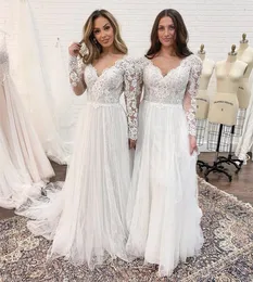 2022 Abiti da sposa da spiaggia con maniche lunghe Abito da sposa Applique in pizzo Scollo a V Smerlato Sweep Train Custom Made Plus Size Tulle Perline vestido de novia