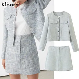 Klkxmyt set donna vintage casual moda tweed giacca corta cappotto lady vita alta minigonne a trapezio gonne due pezzi set 210527