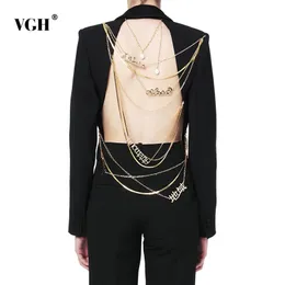 VGH Asymmetric Blazer For Women Notched Collar Long Sleeve Backless Sequined Chains Designer Coats Female Fashion 211019