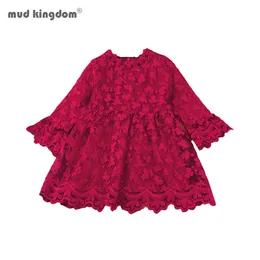 Mudkingdom Toddler Red Floral Lace Dress Baby Kids Girls Manica lunga Princess Party Tutu Mesh es 210615