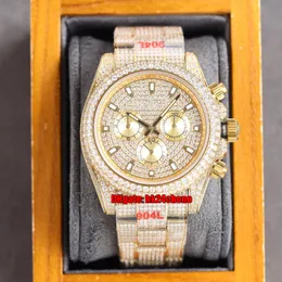 JVS Watches 40mm Iced Out Full Diamond ETA7750 Automatic Chronograph Mens Watch Pavé Diamonds Dial 18K Gold Bracelet Bracelet Oyster Buckle Gents Wristwatches
