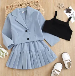 Baby Girl Formal Clothes Set Suit Solid Single Breasted Blazer Jacket +Vest+Pleated Skirts 3PCS Toddler