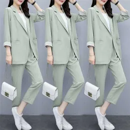 Vintage Women Pant Suit Casual Fashion Light Green Notched Blazer Jacket Office Wear Garnitury Zestawy 211105