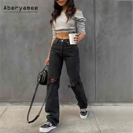 Aberyamee Kvinnors Rippade Jeans Casual 90s Långbyxor High Street Lady Fashion Outwear Solid Knappfickor BF Baggy Byxor 210809